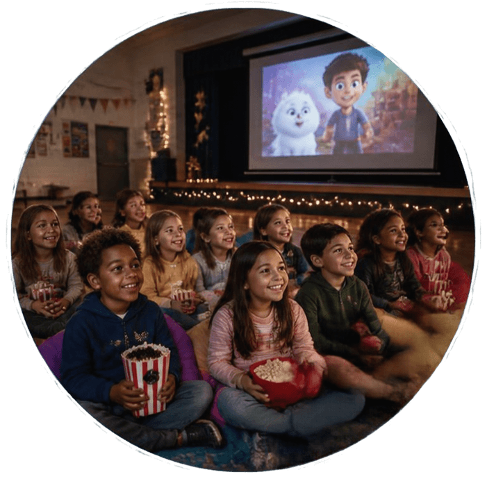 Children watching a movie at a PAC Movie Night.