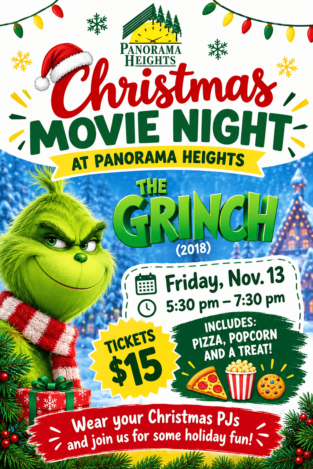 Panorama Heights Christmas Movie Night flyer for The Grinch on Friday, November 13, from 5:30 to 7:30 pm. Tickets are $15 and include pizza, popcorn, and a treat.